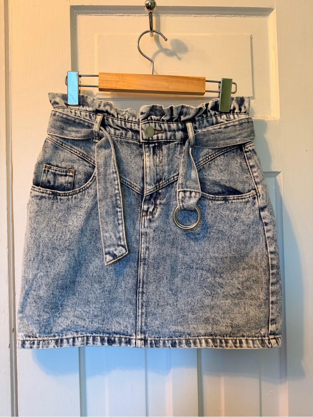 H&M Acid-Wash Light Blue Denim Mini Skirt with Belt Ring
